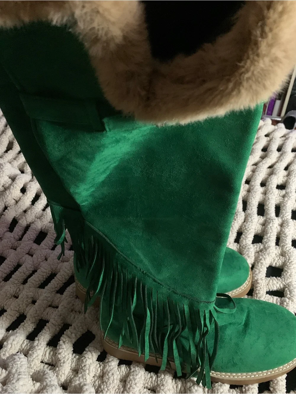 Green Fringe Faux-Suede Knee Boots with Faux-Fur Cuff